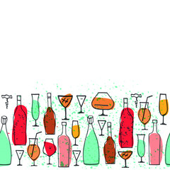 Seamless horizontal border with stylized cartoon bottles and wine glasses.