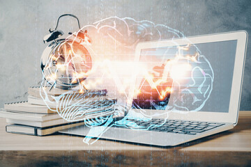 Double exposure of desktop computer and human brain drawing hologram. Ai concept.