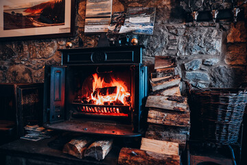 Fire in the fireplace, Applecross Inn, Scottish highlands