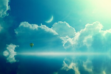 Amazing heavenly image - crescent and hot air balloon rising above serene sea, light from heaven.