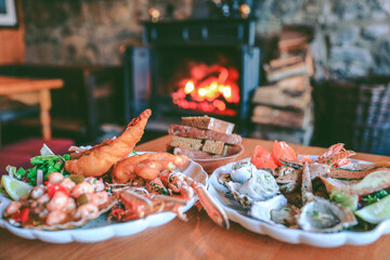 Hearty and delicious seafood platter next to Wood Burning Stove at Applecross Inn, Scottish...