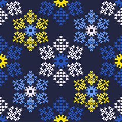 Knitted Christmas decorative snowflakes from crosses. Seamless background. Boho style. Vector illustration for web design or print.