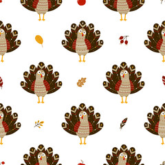 Seamless pattern with cute turkey and autumn elements for Thanksgiving day design