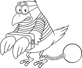 Black And White Jail Bird Cartoon Character. Vector Illustration Isolated On White Background