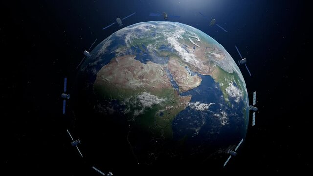 Group of space satellites forming connection network around earth.