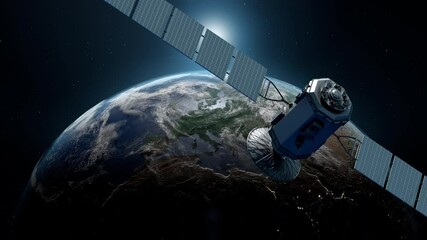 Isolated large space satellite close up during sunrise in space. - Powered by Adobe