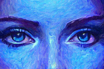 Digital paint. Conceptual abstract mystical picture of closeup beautiful eyes of a girl in blue tones.