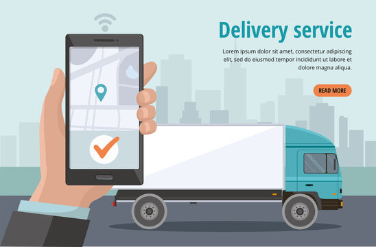 Online delivery van service concept, finding map on phone. Hand holding smartphone with mobile app for goods tracking and order.