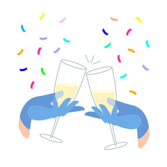 celebrating victory of doctors over the virus, pandemic, disease. hand paramedic holds a glass with champagne in blue protective gloves. cheers.