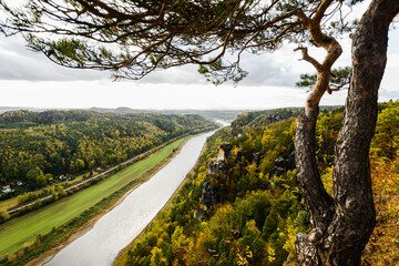 Elbe river from Bastei bridge and Sandstone mountains, Germany