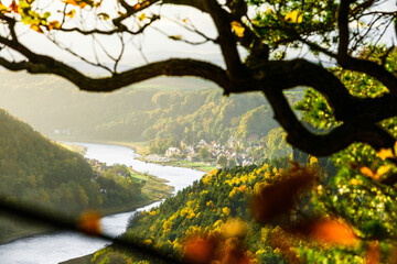 Stadt Wehlen and Elbe river from Bastei bridge, Germany