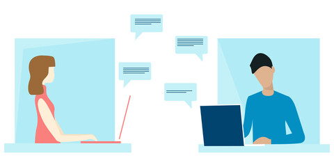 Online communication. Woman and man sitting at desk, looking at computer screen and talking online. Working at home office. Vector Illustration.