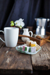 Turkish Delight - a gelatinous sweet confection traditionally made of syrup and cornflour, dusted with icing sugar. Still life food - oriental sweet rahat lokum . Candy marshmallow.