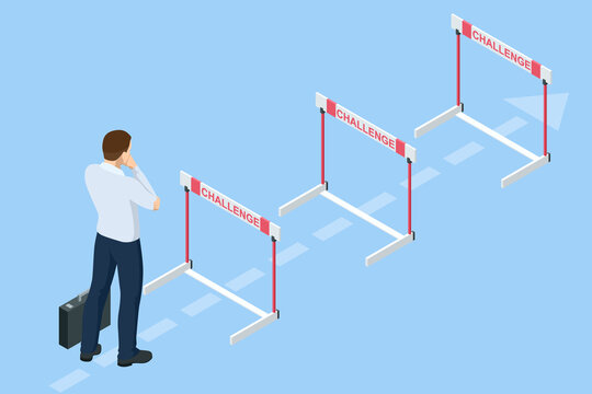 Isometric businessman thinks over how to overcome obstacles on the way to business success. Hurdle on way concept. Overcome obstacles. Business competition.