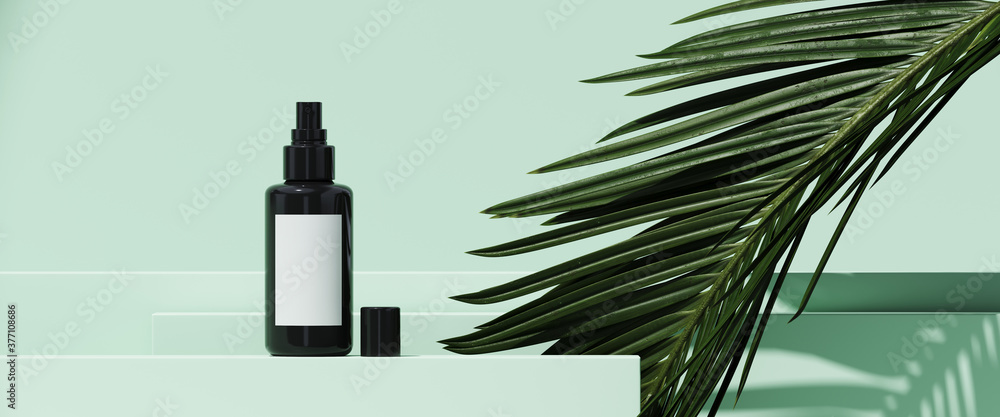 Poster minimal cosmetic background for product presentation. cosmetic bottle podium and green palm leaf on 
