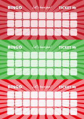 Bingo cards with red and green glowing backgrounds. British lottery ticket templates with place for numbers. Ready for print, suitable for A4 format. Vector illustration