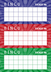 Christmas bingo cards with red, blue, green glowing backgrounds and snowflakes. Fun British lottery tickets with place for numbers. Ready for print, suitable for A4 format. Vector illustration