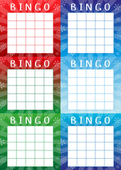 Christmas bingo cards for fun family game. American lottery tickets with glowing backgrounds and snowflakes. Vector templates with place for numbers. Ready for print, suitable for A4 format