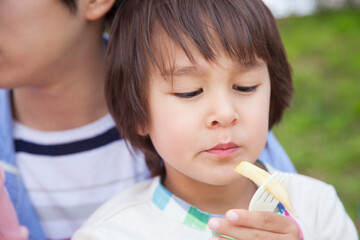 お弁当を食べる男の子