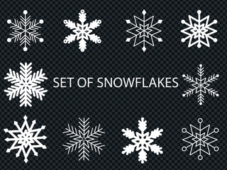 Set of vector snowflakes on a transparent background. Winter pattern of snow ornaments. Christmas icons. Snow design elements.