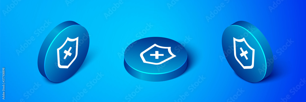 Poster isometric shield with cross mark icon isolated on blue background. shield and rejected. notice of re