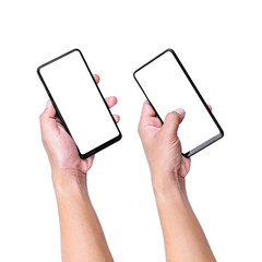 The hand gesture of a white man holding a black mobile phone with his left hand and right hand, clipping path.
