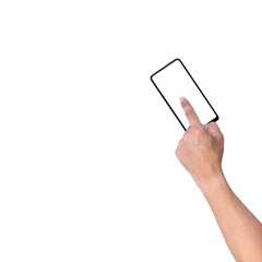 The hand gesture of a white man holding a black mobile phone with his left hand and right hand, clipping path.