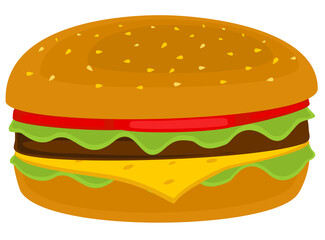Big hamburger (cheeseburger) isolated on white background. Vector illustration of fast food meal. Stylized burger
