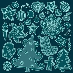 Outline vector Christmas winter elements on green background. Christmas tree, snowflakes, decorations, cookie and stars.