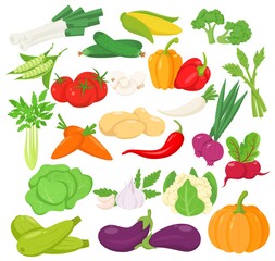 Vector vegetables icons set in cartoon style. Collection farm product for design vegan shops or market label. Asparagus, celery, garlic, eggplant, onion, eggplant, onion and etc.