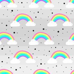 Vector seamless cute pattern with hand drawn rainbows and clouds on gray background.