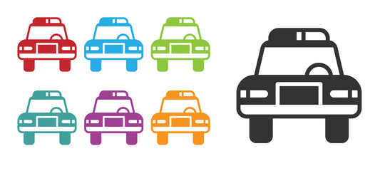 Black Police car and police flasher icon isolated on white background. Emergency flashing siren. Set icons colorful. Vector.