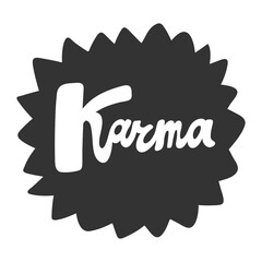 Karma. Cartoon illustration Fashion phrase. Cute Trendy Style design font. Vintage vector hand drawn illustration. Vector logo icon.
