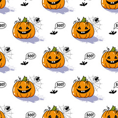 Cute Happy Halloween Smiling Pumpkin with spider and web and the bat seamless pattern. Vector Illustration.