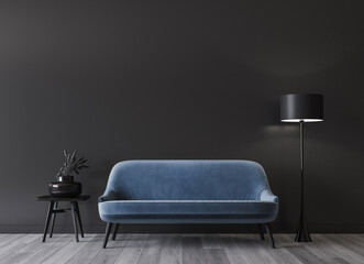 blue sofa in dark modern interior design mockup, minimal home decor, 3d render