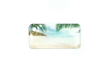 access card, glossy keychain on a white background, with a pattern of the beach with palm leaves and a blue sky, for access to protected premises under a lock and key, with a place for an inscription
