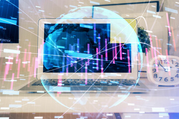 Double exposure of forex chart and work space with computer. Concept of international online trading.