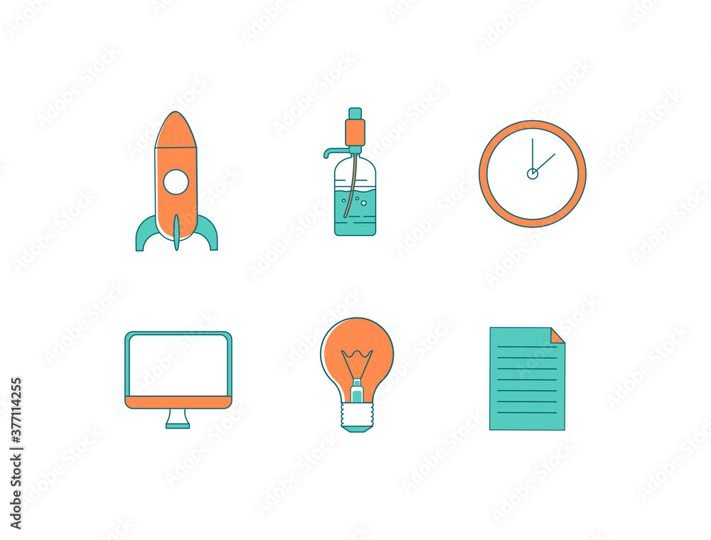 Fototapete Office flat color vector object set. Rocket for startup launch. Water dispenser. Computer monitor. Company items isolated cartoon illustration for web graphic design and animation collection