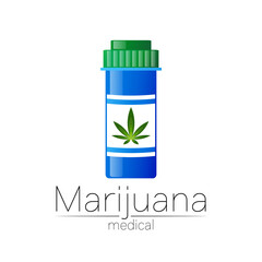 Cannabis vector logotype for medicine and doctor. Medical marijuana symbol with pill bottle. Pharmaceuticals with plant and leaf for health. Concept sign of green herb. Green color on white.