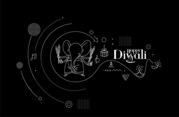 Diwali Hindu festival greeting card, Hand Drawn line art Vector illustration.