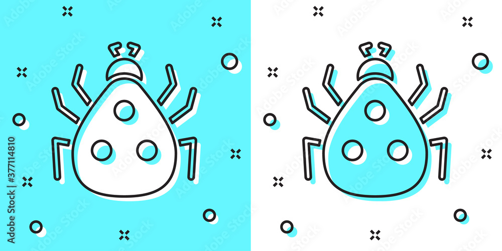 Aufkleber black line ladybug icon isolated on green and white background. random dynamic shapes. vector.