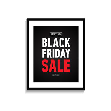 Black friday sale poster in frame on white wall. Trendy banner isolated on white background. Online shopping.