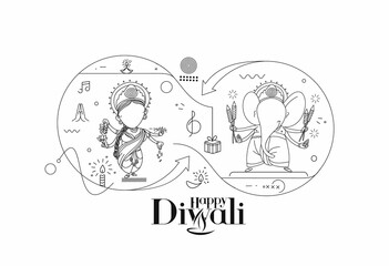 Diwali Hindu festival greeting card, Hand Drawn line art Vector illustration.