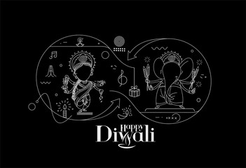 Diwali Hindu festival greeting card, Hand Drawn line art Vector illustration.