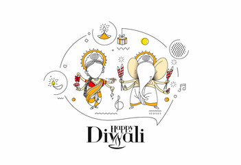 Diwali Hindu festival greeting card, Hand Drawn line art Vector illustration.