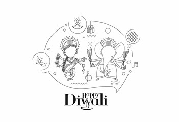 Diwali Hindu festival greeting card, Hand Drawn line art Vector illustration.