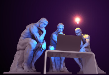 Three thinkers with a computer and one of them has a glowing light bulb above his head as a symbol of a new idea - 377115254
