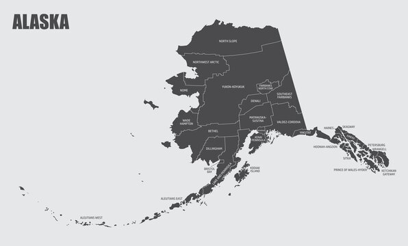 The Alaska map divided in counties with labels, USA