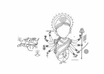 Happy Durga Puja Background Goddess Durga Hand Stylish hindi text for Hindu Festival Shubh Navratri or Durga Pooja, Hand Drawn line art Vector illustration.