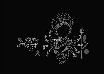 Happy Durga Puja Background Goddess Durga Hand Stylish hindi text for Hindu Festival Shubh Navratri or Durga Pooja, Hand Drawn line art Vector illustration.